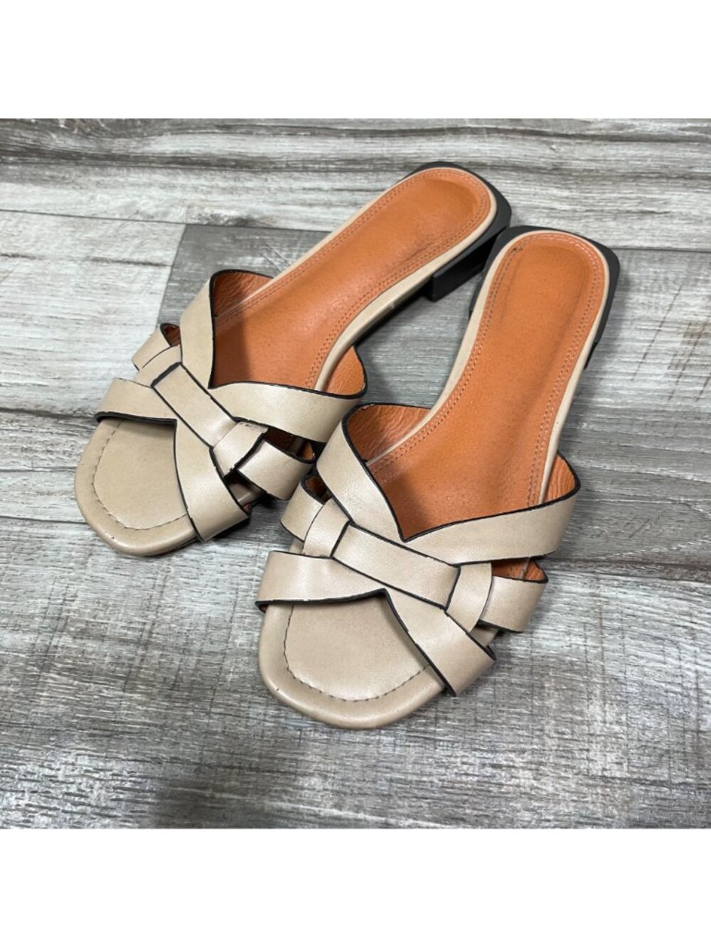 Marypaz Open Toe Low Heel Slide On Shoes Taupe Tan Women’s Size 36
